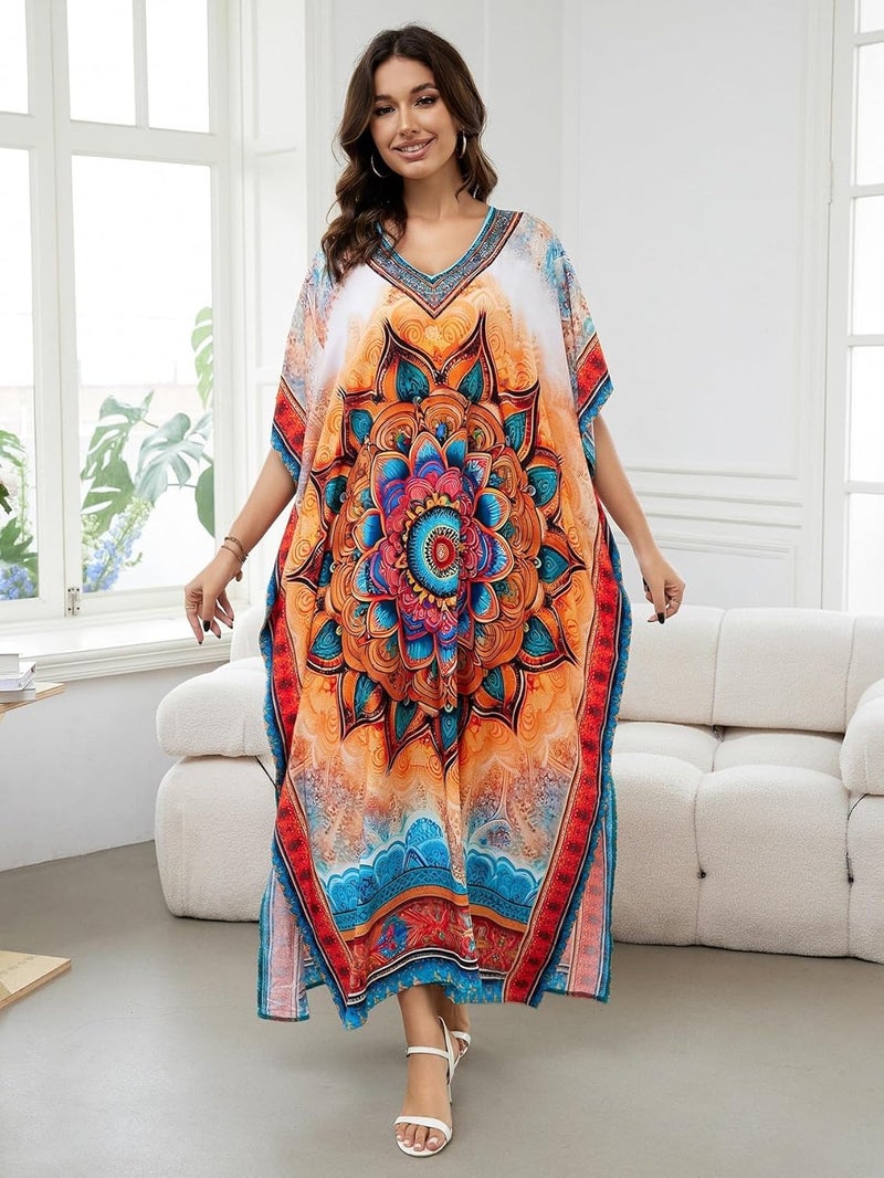 IMAGEKOPE Women's Plus Size Loose Fit Moroccan Print V-Neck Batwing Kaftan Beach Dress Bathing Suit Cover Up - Image 4